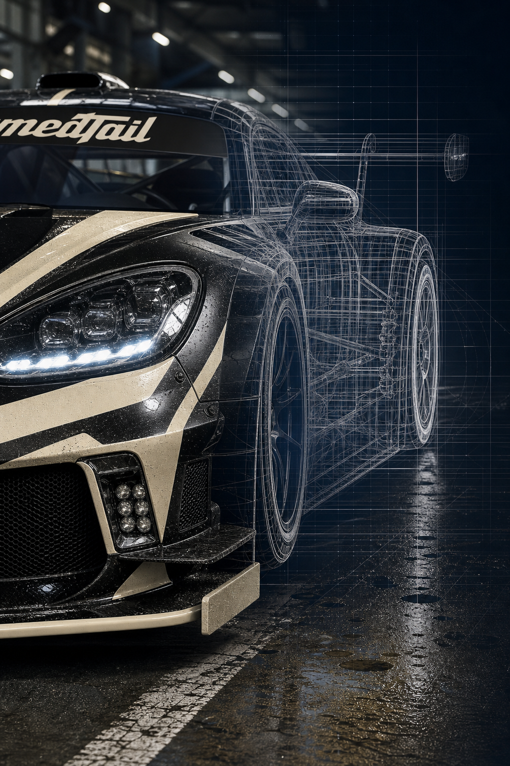 A race car with a TamedTail windshield banner fading from a real photographic view into a digital wireframe.